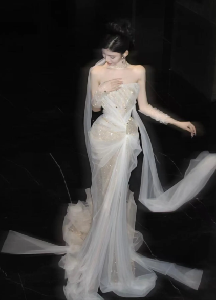 Shiny Pretty Mermaid Strapless Tulle Sequin Long Prom Dress, Evening Dress C6191