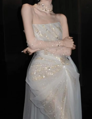 Shiny Pretty Mermaid Strapless Tulle Sequin Long Prom Dress, Evening Dress C6191