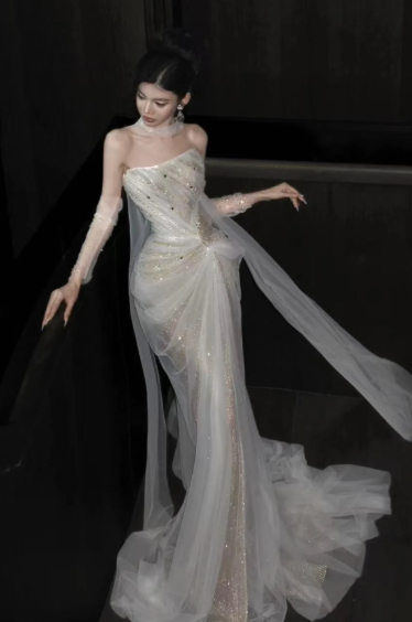 Shiny Pretty Mermaid Strapless Tulle Sequin Long Prom Dress, Evening Dress C6191