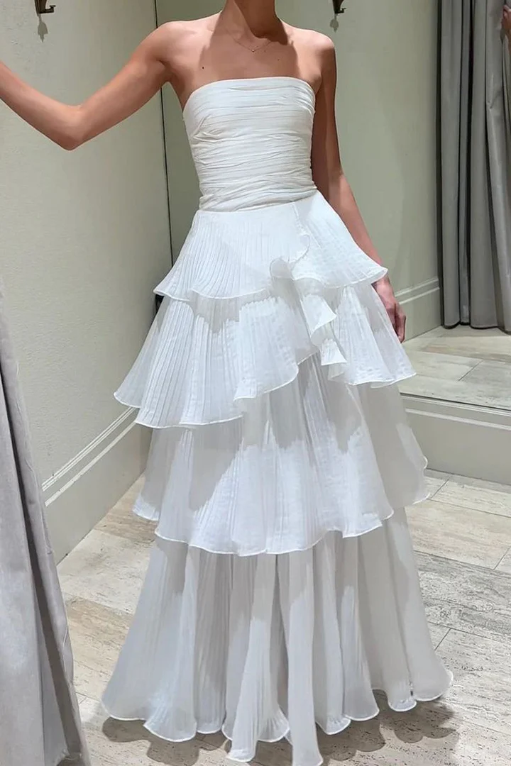 Chic A Line Strapless Tiered Chiffon Long Prom Dress, Evening Dress C6192