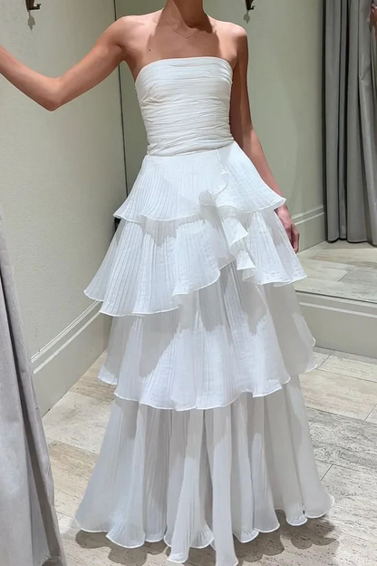 Chic A Line Strapless Tiered Chiffon Long Prom Dress, Evening Dress C6192
