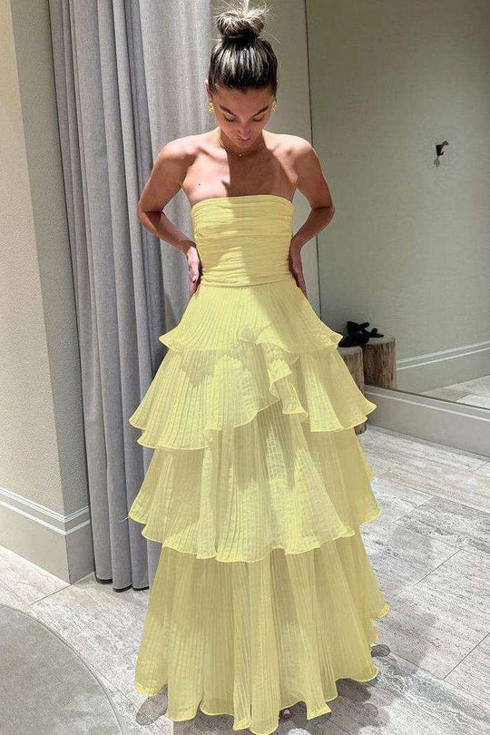 Chic A Line Strapless Tiered Chiffon Long Prom Dress, Evening Dress C6192