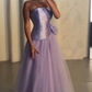Elegant A Line Strapless Lilac Satin Tulle Long Prom Dress, Evening Dress C6196