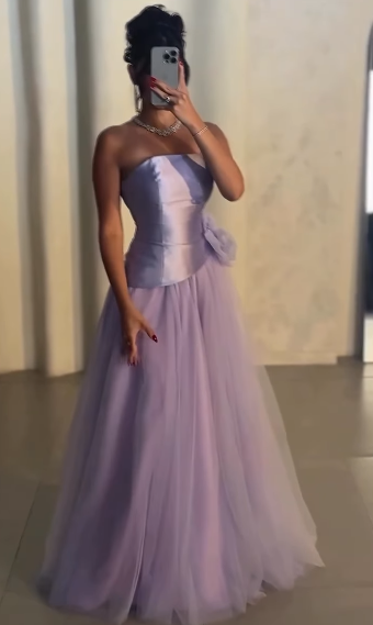 Elegant A Line Strapless Lilac Satin Tulle Long Prom Dress, Evening Dress C6196