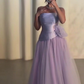 Elegant A Line Strapless Lilac Satin Tulle Long Prom Dress, Evening Dress C6196