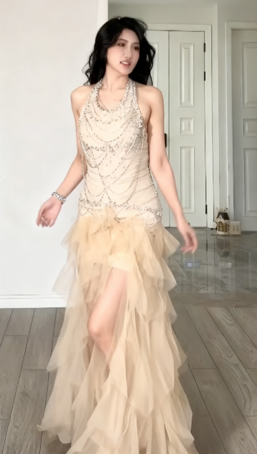 Unique Mermaid Halter Satin Ruffle Tulle Beaded Long Prom Dress, Evening Dress C6197