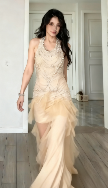 Unique Mermaid Halter Satin Ruffle Tulle Beaded Long Prom Dress, Evening Dress C6197