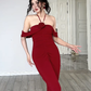 Modest Mermaid Halter Burgundy Satin Slit Long Prom Dress, Evening Dress C6198