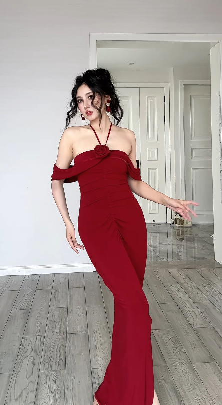 Modest Mermaid Halter Burgundy Satin Slit Long Prom Dress, Evening Dress C6198