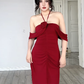 Modest Mermaid Halter Burgundy Satin Slit Long Prom Dress, Evening Dress C6198