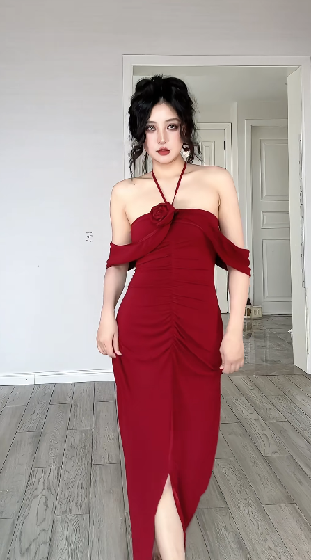 Modest Mermaid Halter Burgundy Satin Slit Long Prom Dress, Evening Dress C6198