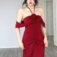 Modest Mermaid Halter Burgundy Satin Slit Long Prom Dress, Evening Dress C6198