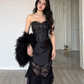 Sexy Sheath Black Mermaid Strapless Satin Lace Long Prom Dress, Evening Dress C6200