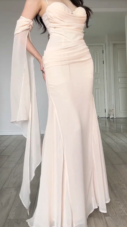 Elegant Mermaid Spaghetti Straps Chiffon Long Prom Dress, Evening Dress C6201