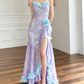 Shiny Pretty Mermaid Spaghetti Straps Lilac Chiffon Sequin Slit Long Prom Dress, Evening Dress C6202