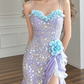 Shiny Pretty Mermaid Spaghetti Straps Lilac Chiffon Sequin Slit Long Prom Dress, Evening Dress C6202