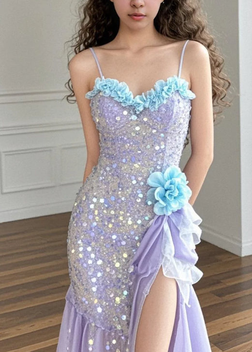 Shiny Pretty Mermaid Spaghetti Straps Lilac Chiffon Sequin Slit Long Prom Dress, Evening Dress C6202