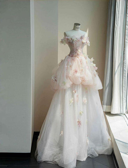 Robe de bal longue bustier en tulle appliqué, coupe trapèze, robe de soirée C6205