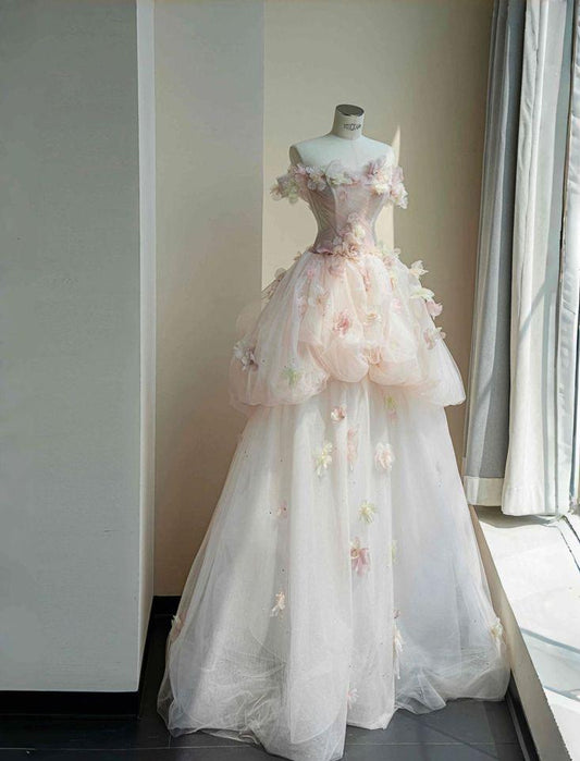 Robe de bal longue bustier en tulle appliqué, coupe trapèze, robe de soirée C6205