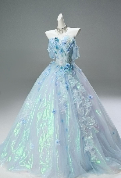 Robe de bal longue princesse en satin et tulle à épaules dénudées, coupe trapèze, ornée d'appliqués, référence C6211