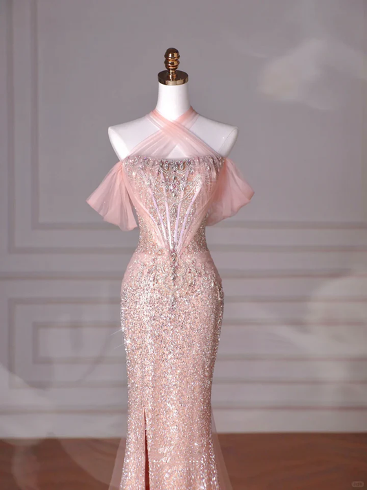 Robe de bal longue sirène rose pâle à paillettes et sequins, épaules dénudées, fente, en tulle, réf. C6214
