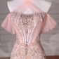 Sparkly Soft Pink Off The Shoulder Mermaid Tulle Sequin Beaded Slit Long Prom Dress, Evening Dress C6214
