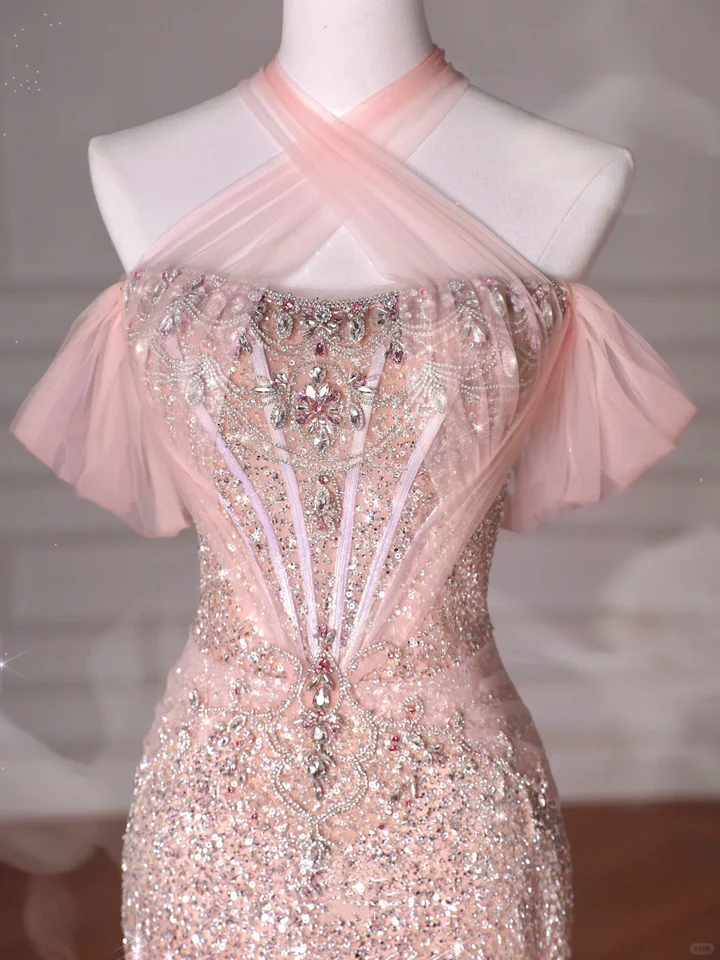 Sparkly Soft Pink Off The Shoulder Mermaid Tulle Sequin Beaded Slit Long Prom Dress, Evening Dress C6214