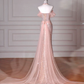 Sparkly Soft Pink Off The Shoulder Mermaid Tulle Sequin Beaded Slit Long Prom Dress, Evening Dress C6214