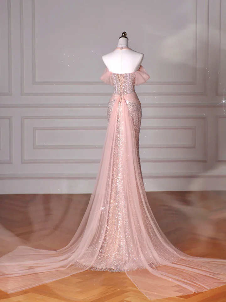 Sparkly Soft Pink Off The Shoulder Mermaid Tulle Sequin Beaded Slit Long Prom Dress, Evening Dress C6214