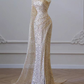 Robe de bal longue sirène dorée à une épaule et fente, ornée de sequins, référence C6215