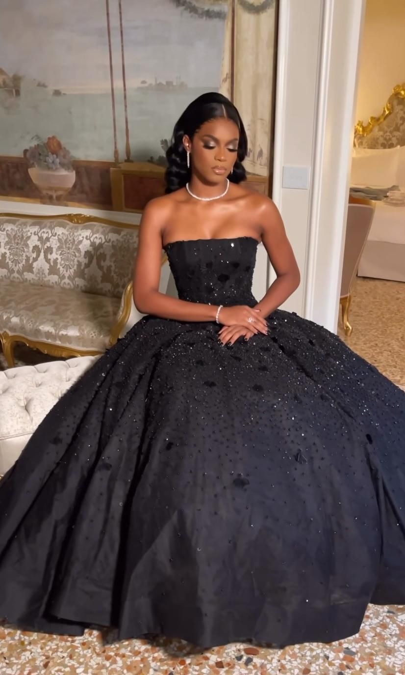 Black Ball Gown Strapless Satin Sequin Long Prom Dress, Evening Gown C6216