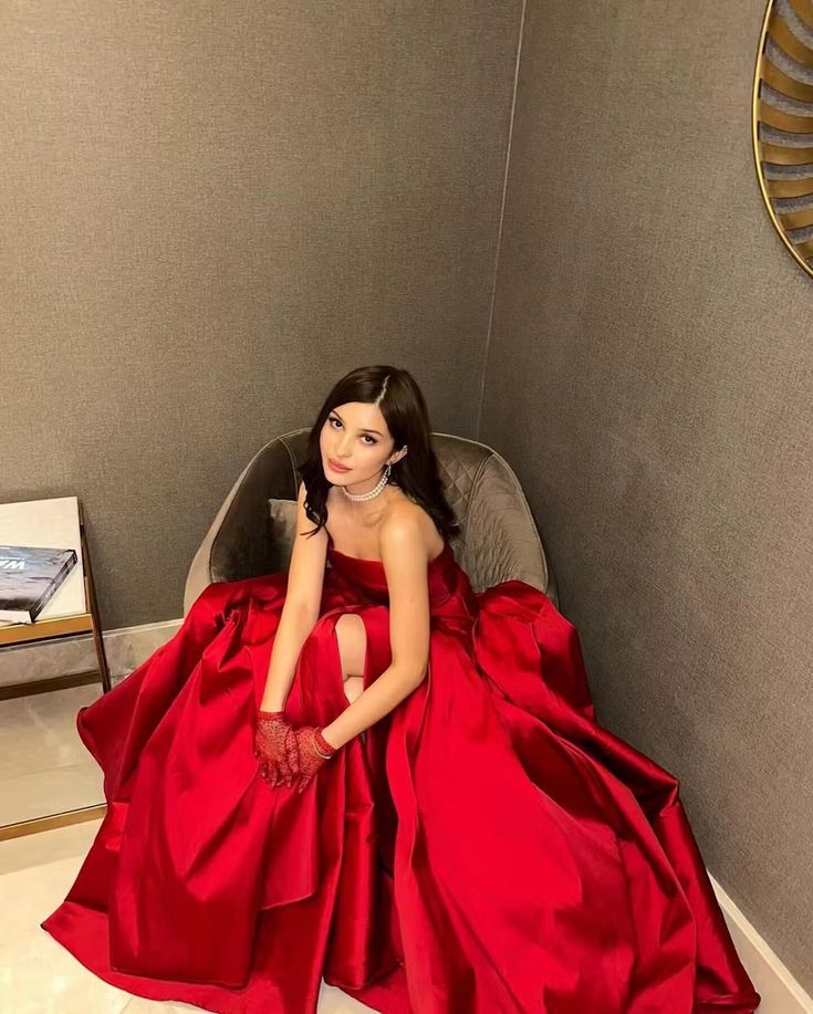 Chic Ball Gown Burgundy Strapless Satin Slit Long Prom Dress, Evening Gown C6218