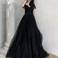 Classy A Line Black Off The Shoulder Tulle Sequin Long Prom Dress, Evening Gown C6219