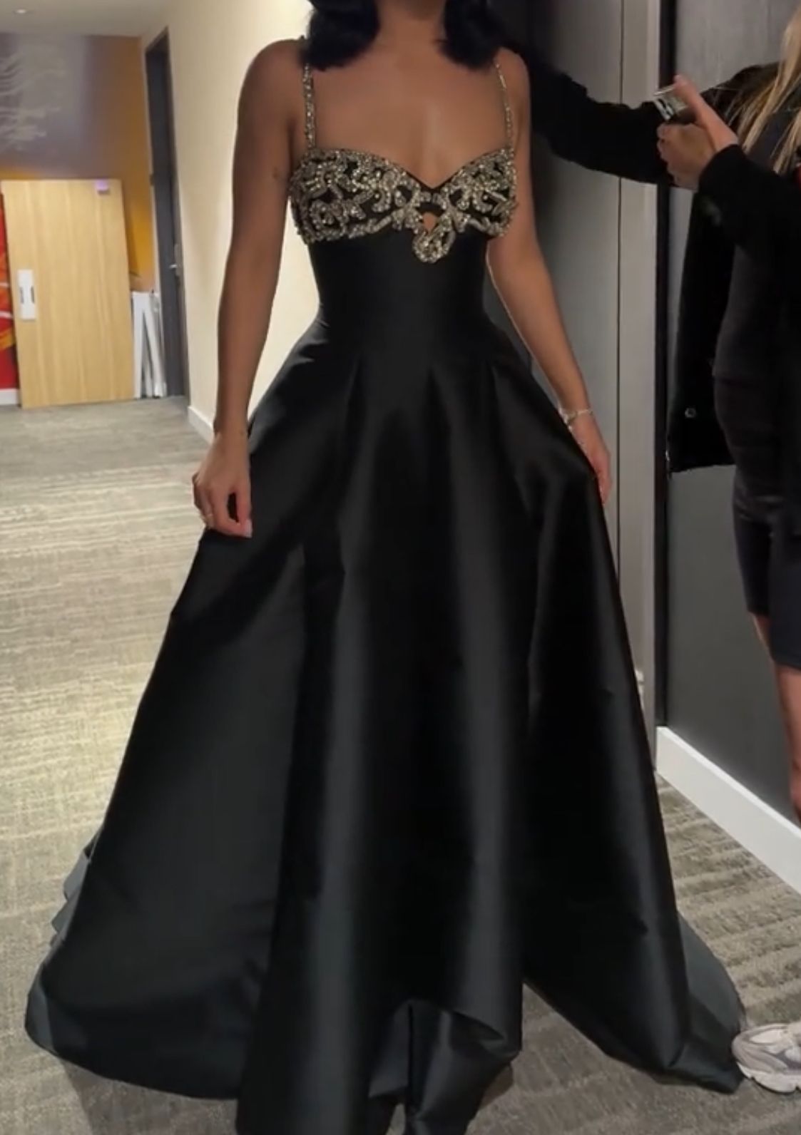 Chic A Line Black Spaghetti Straps Satin Beaded Long Prom Dress, Evening Gown C6221