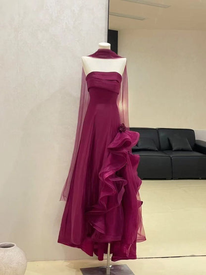 Chic A Line Strapless Tulle Long Prom Dress, Evening Dress C6226