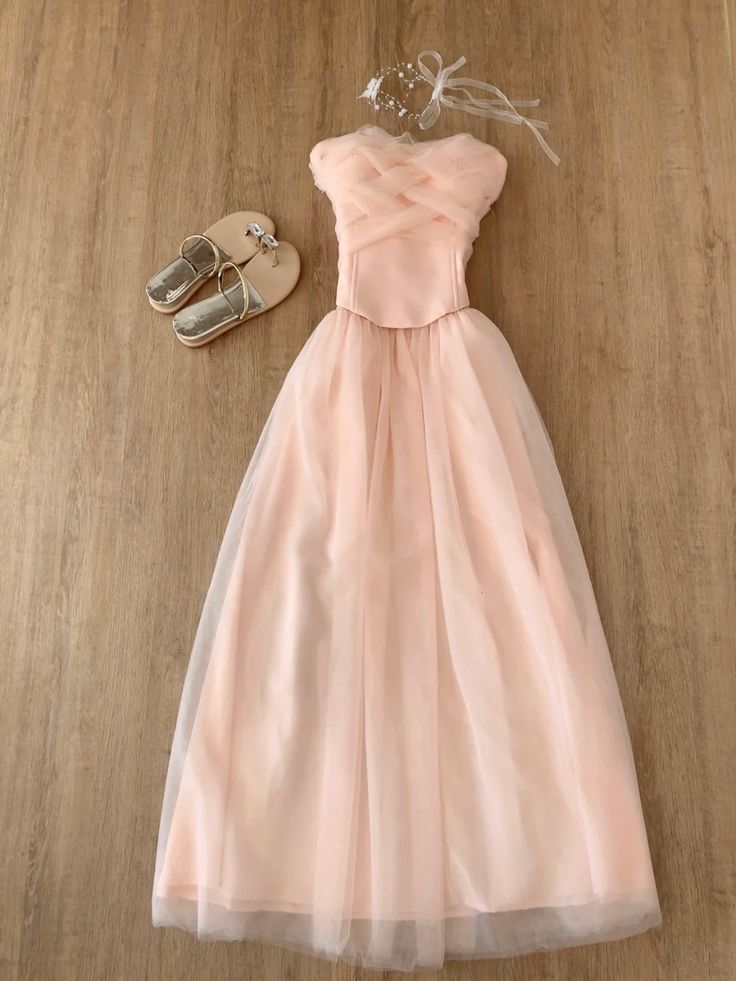 Elegant Soft Pink A Line Strapless Tulle Long Prom Dress, Evening Dress C6228