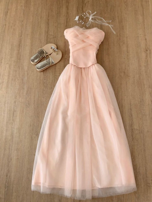 Elegant Soft Pink A Line Strapless Tulle Long Prom Dress, Evening Dress C6228