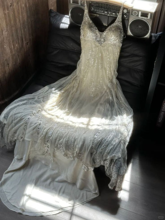 Shiny Sexy A Line Spaghetti Straps Chiffon Sequin Beaded Long Prom Dress, Evening Dress C6230