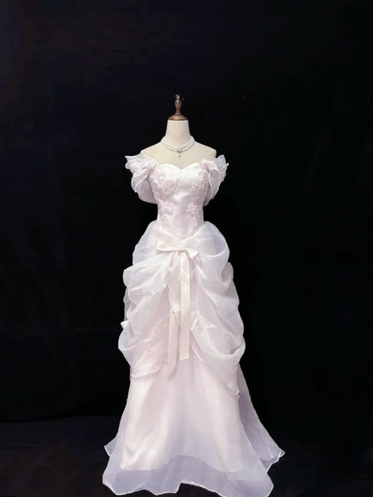 Unique A Line Off The Shoulder Satin Chiffon Long Prom Dress, Evening Dress C6233