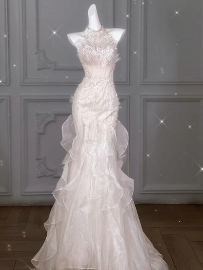 Sexy Pretty Mermaid Halter Satin Ruffle Chiffon Sequin Beaded Long Prom Dress, Evening Dress C6234