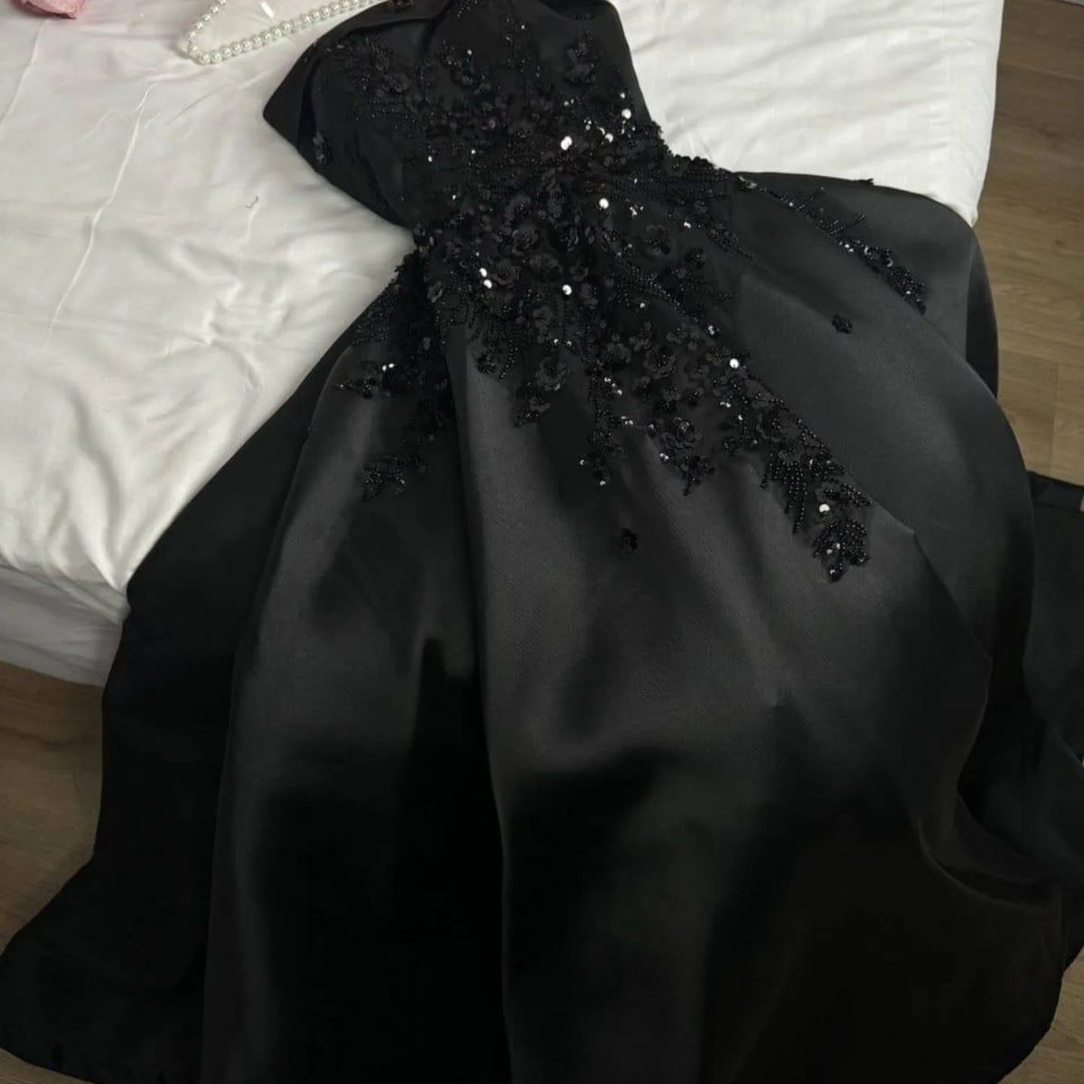 Classy A Line Black Strapless Satin Sequin Long Prom Dress, Evening Dress C6237