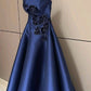 Modest A Line Navy Strapless Satin Sequin Long Prom Dress, Evening Dress C6238