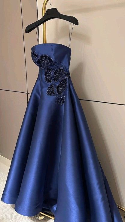 Modest A Line Navy Strapless Satin Sequin Long Prom Dress, Evening Dress C6238