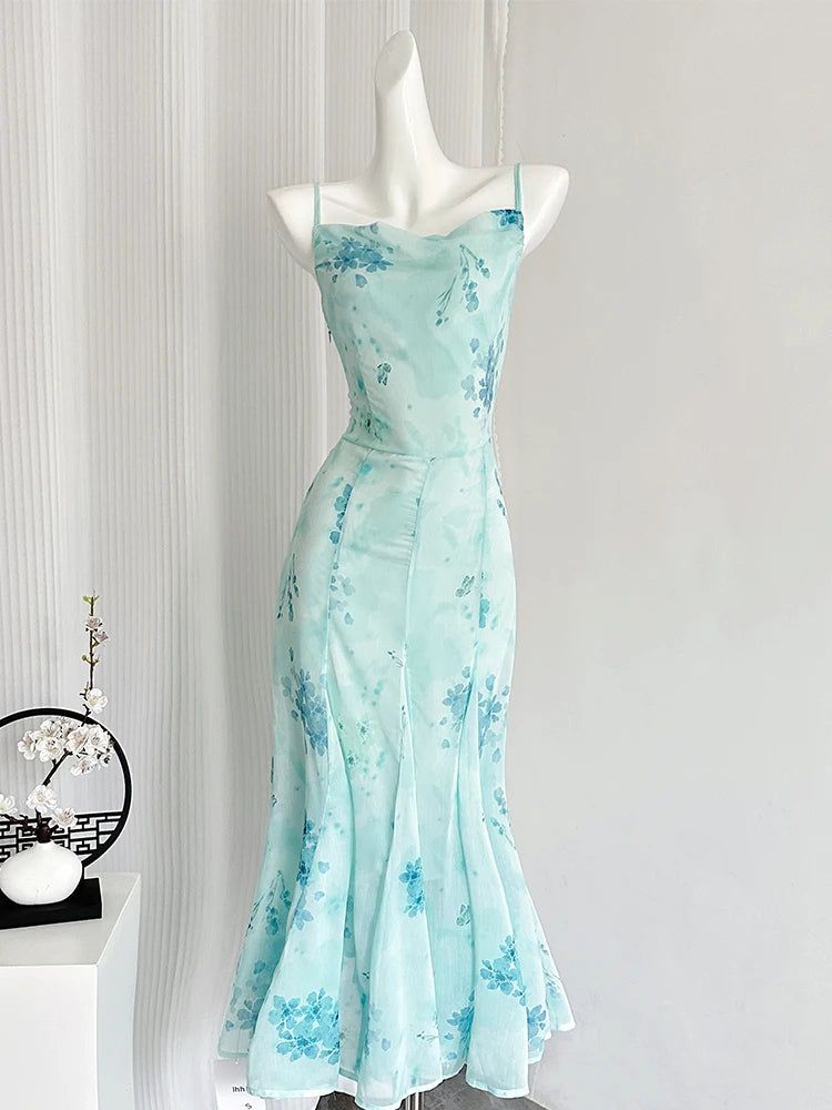 Pretty Mermaid Spaghetti Straps Chiffon Printed Floral Long Prom Dress, Evening Dress C6240