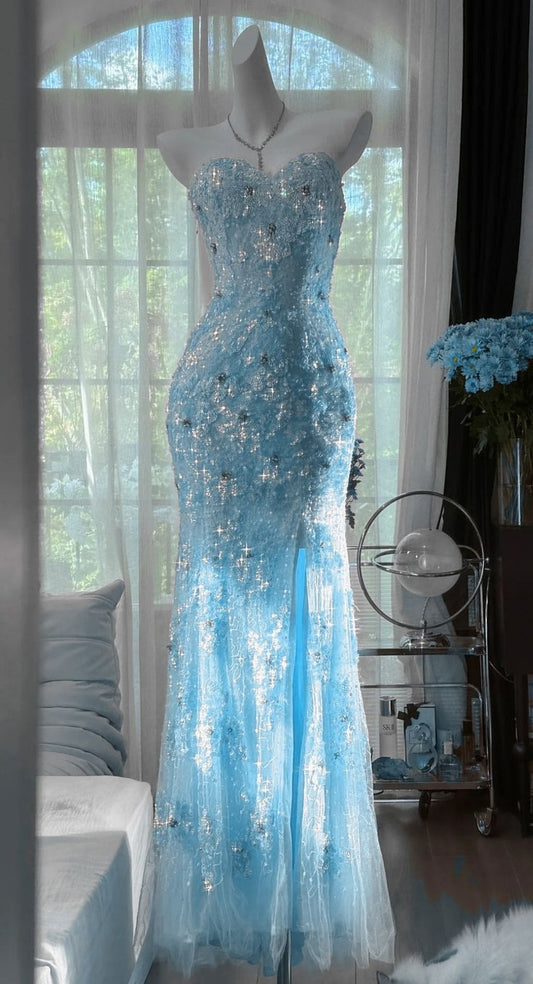 Gorgeous Mermaid Sweetheart Tulle Sequin Slit Beaded Long Prom Dress, Evening Dress C6243
