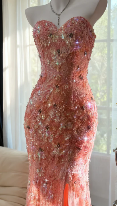 Gorgeous Mermaid Sweetheart Tulle Sequin Slit Beaded Long Prom Dress, Evening Dress C6243