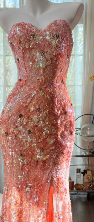 Gorgeous Mermaid Sweetheart Tulle Sequin Slit Beaded Long Prom Dress, Evening Dress C6243