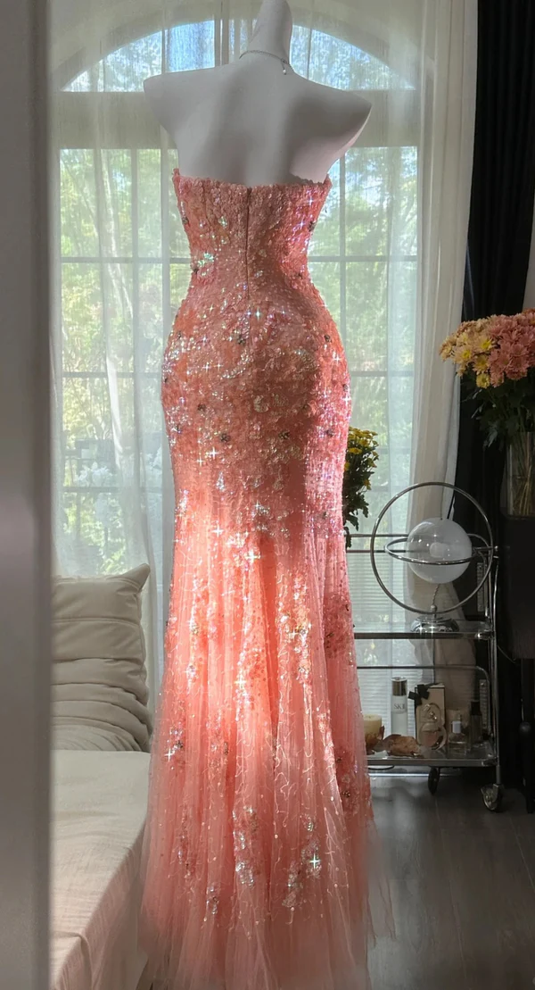 Gorgeous Mermaid Sweetheart Tulle Sequin Slit Beaded Long Prom Dress, Evening Dress C6243