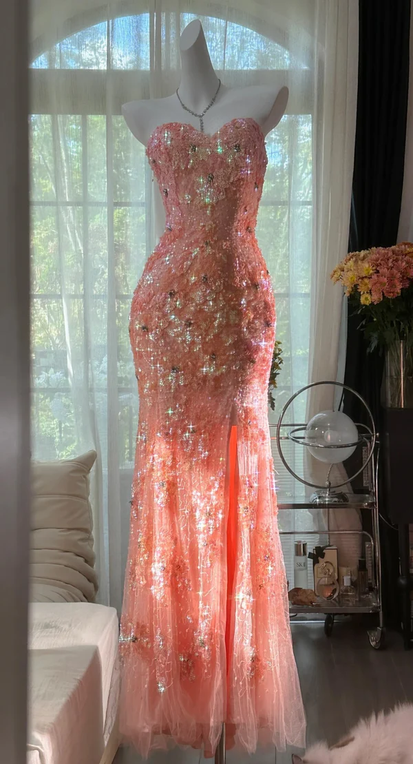 Gorgeous Mermaid Sweetheart Tulle Sequin Slit Beaded Long Prom Dress, Evening Dress C6243