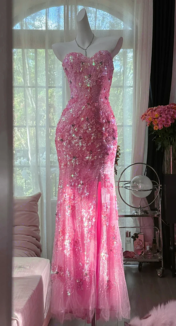 Gorgeous Mermaid Sweetheart Tulle Sequin Slit Beaded Long Prom Dress, Evening Dress C6243